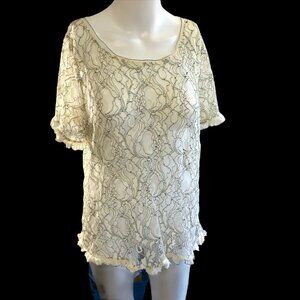 2/$30  LOFT Top Womens Large Lace Shirt Short Sleeves Sheer Beige Pullover Blous